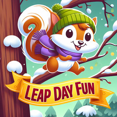  happy squirrel jumping from tree branch to tree branch, with a banner trailing behind it that reads "Leap Day Fun!"