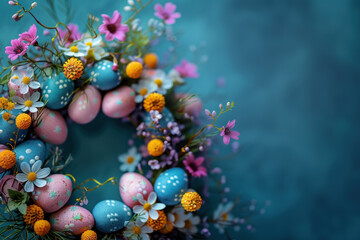 Fototapeta na wymiar Wreath overflowing with spring flowers and Easter eggs in pastel colors on dreamy background