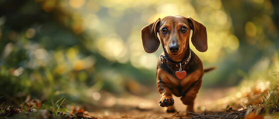 A cute dachshund dog running on a path in the shadow of the green forest. The dog has a heart-shaped pendant around its neck. Daytime outdoor shot in the woods. - 735836087