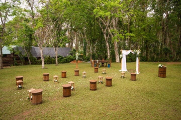 Outdoor wedding setup with floral decorations