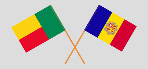 Crossed flags of Benin and Andorra. Official colors. Correct proportion