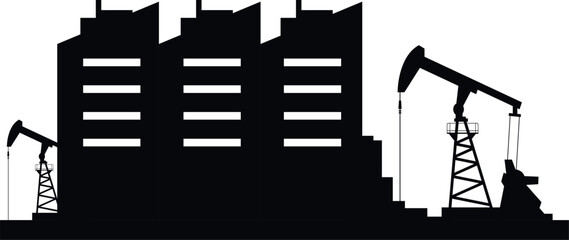 Oil refinery black icon industrial engineering factory chemical manufacture vector flat