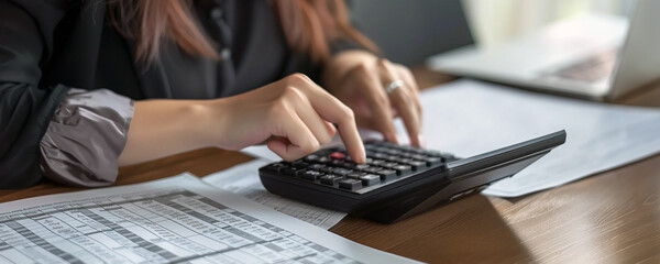 Tax day coming concept. Hands of an working accountant using a calculator. Documents, charts around in the top of a wooden office desk. - 735836667