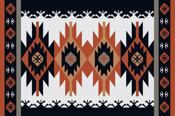 Ethnic fabric pattern designed with geometric patterns. Black, white, orange, yellow, for textiles and clothing, covers, rugs, vector illustration. - obrazy, fototapety, plakaty