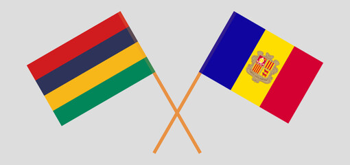 Crossed flags of Mauritius and Andorra. Official colors. Correct proportion