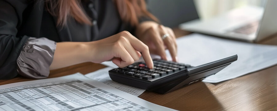 Tax day coming concept. Hands of an working accountant using a calculator. Documents, charts around in the top of a wooden office desk.