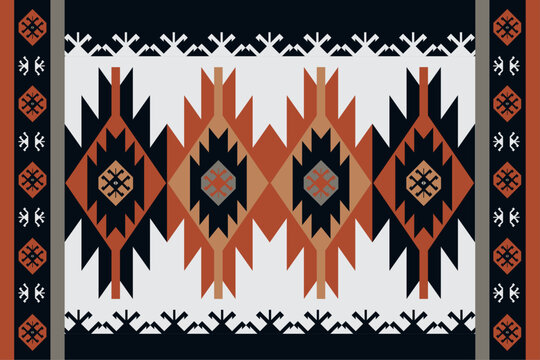 Ethnic fabric pattern designed with geometric patterns. Black, white, orange, yellow, for textiles and clothing, covers, rugs, vector illustration.