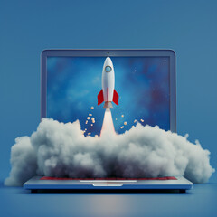 Naklejka na ściany i meble Launching Space Rocket From Laptop Screen. Generative AI. Blue Background. 