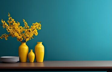 Elegant Blue Vases with Yellow Flowers on Shelf