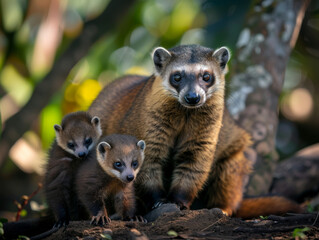 Two coati babies with their mother on an adventure.