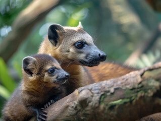 Obraz premium A mother coati and her baby share a tender moment on a tree limb.