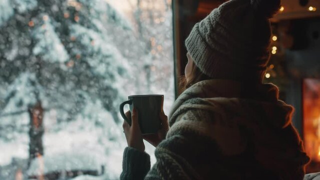 Woman holding a cup of hot steamy coffee enjoy window sight in nature forest, indoors wide window looped footage