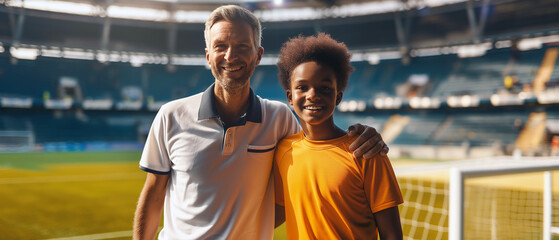A soccer coach or a dad, father standing close together with his trainee or son in the middle of a football stadium. Kid and adult looking into the camera, smiling. - 735837404