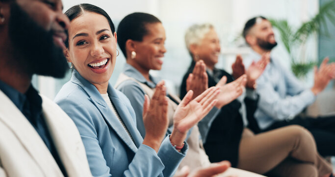 Business people, woman and team applause in conference, tradeshow and support feedback of success. Happy employees, audience and clapping in celebration, praise or winning award at seminar convention