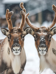 Two reindeer with impressive antlers standing in a snowy landscape.
