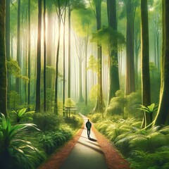 A serene solo walk in a lush forest, where an individual finds peace amidst towering trees and vibrant greenery, embracing a moment of solitude and connection with nature.