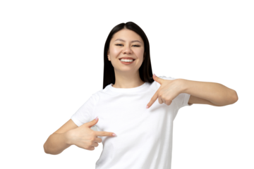 PNG Asian girl in white t-shirt isolated on white background.