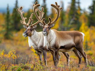 A pair of reindeer stand alert amongst the autumn colors.