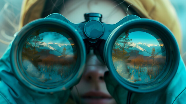 a person peering through binoculars, where their eyes are obscured, replaced by the intriguing reflection of a distant landscape captured within the binocular lenses