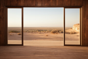 An open door leading to a sunny desert. Generated by artificial intelligence