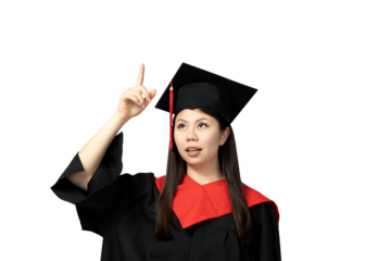 PNG Asian girl in university graduate uniform isolated on white background.