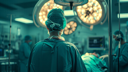 Fototapeta premium Back view of a surgeon operation at hospital, operating room