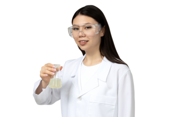 PNG, asian girl chemist lab assistant, isolated on white background.
