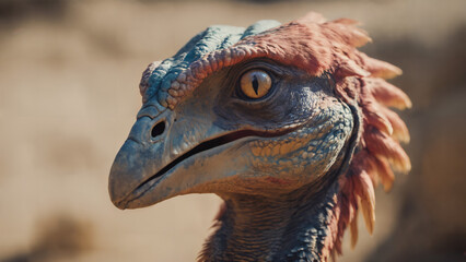 close up of a head of a Dinosaur bird  with a red head and blue beak and a long neck