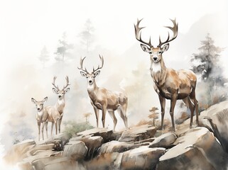 Majestic Deer Herd in Surreal Mountain Landscape