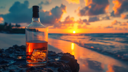 Bottle of whisky on a table with beach sea and sunset in background - Powered by Adobe