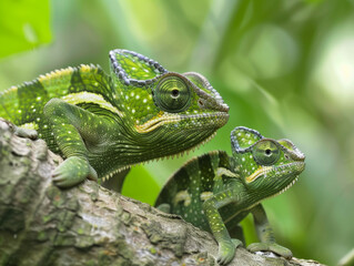 Obraz premium A pair of colourful green chameleons resting on a branch.