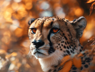 Cheetah with sharp gaze among autumn leaves.