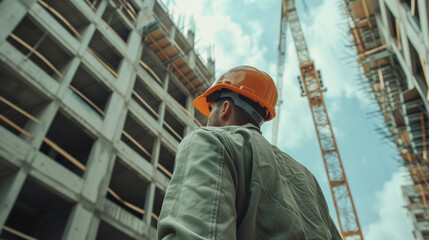 Construction worker with safety helmet in front of unfinished building