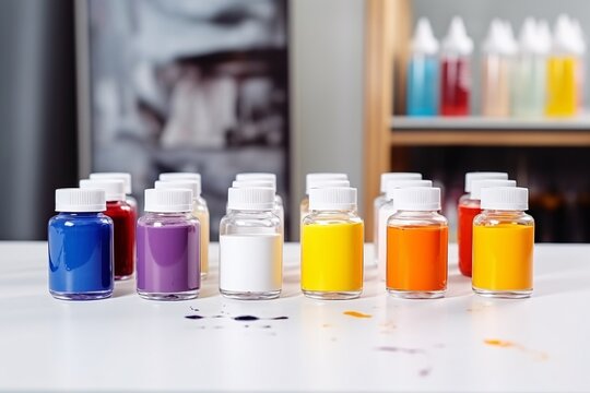 a group of bottles of different colors