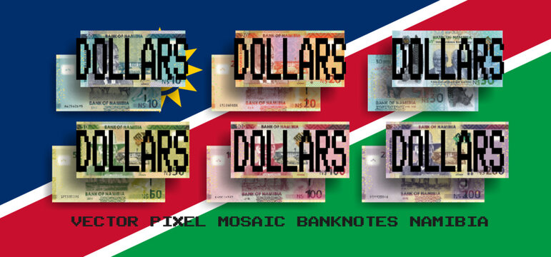 Vector set of pixel mosaic banknotes of Namibia. Collection of notes in denominations of 10, 20, 30, 50, 100 and 200 namibian dollars. Obverse and reverse. Play money or flyers.