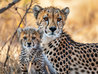 A mother cheetah and her cub share a moment.