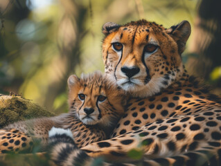 A cheetah cuddles with her cub in nature.
