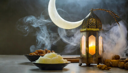 Traditional Ramadan and Eid lantern lamp with crescent moon, dates and fruits in a bowl on carpet, Generated AI