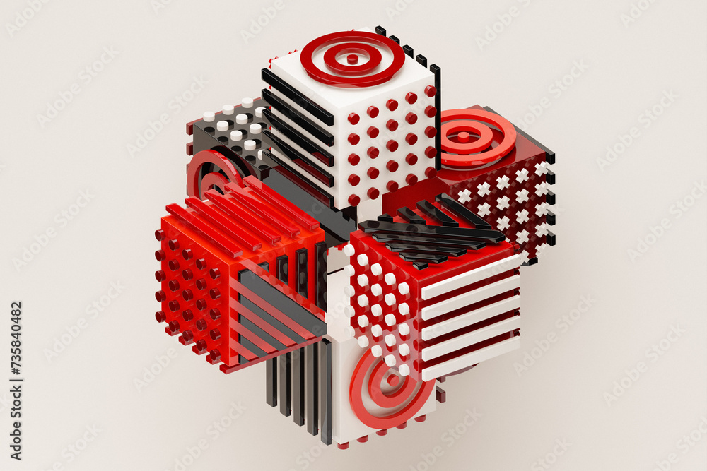 Poster 3d illustration, abstract shape illusion of various squares with patterns, isometric abstract shapes