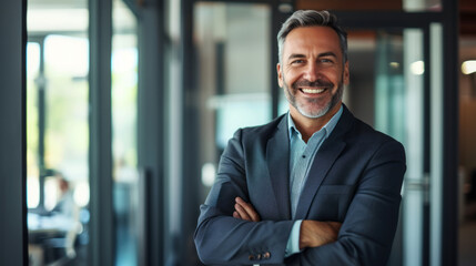 Fototapeta premium Happy middle aged business man standing in office arms crossed wearing a suit and shirt