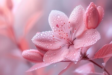 Beautiful pink sakura flower with water drops on petals with copy space for design background