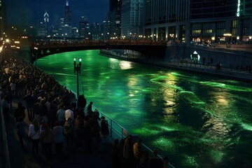 Green River - A cityscape with a river dyed green for St. Patrick's Day, with crowds lining the banks to celebrate. 