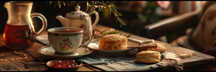 Irish Tea and Scones - A warm setting with a pot of Irish tea, scones, and jam, inviting a moment of relaxation.