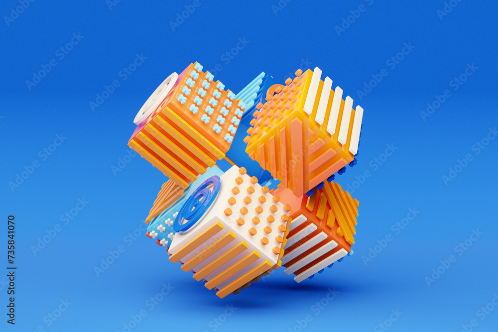 Poster 3d illustration abstract shape with different geometric patterns on each side on a blue background, 