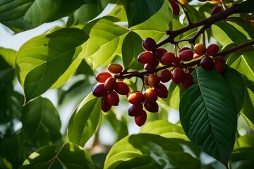  A highly detailed and natural depiction of a Coffea arabica plant, with impeccable lighting that accentuates the fine textures and features of its leaves, stems, and ripe coffee fruits