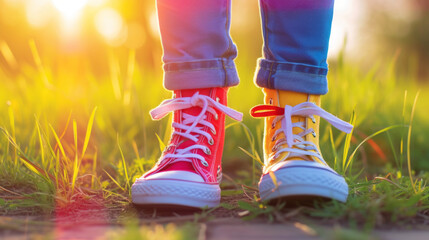Kid feet wearing colorful summer shoes with sun rays