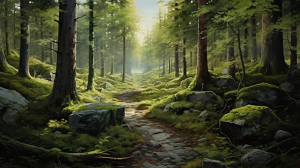  A painting of a forest with a dirt path and trees. © Anas