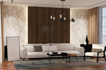 Contemporary modern of living room with frame mock up . Design 3d rendering of gray and brown wood veneer images. Design print for illustration,  mock up, interior, cover, frame, background. Set 11