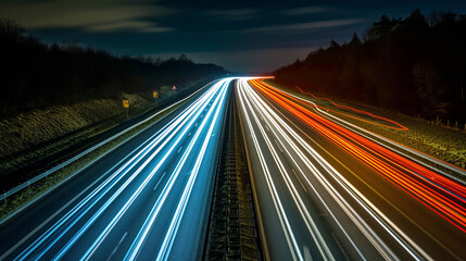 Long exposure of a road with light trails of passing vehicles at night