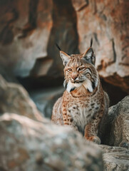 Naklejka premium A bobcat sits gracefully among rocks, its intense gaze fixed in the distance.